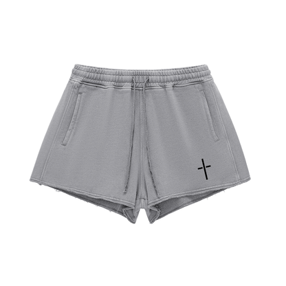 Snow Washed Raw Edge Drawstring Shorts